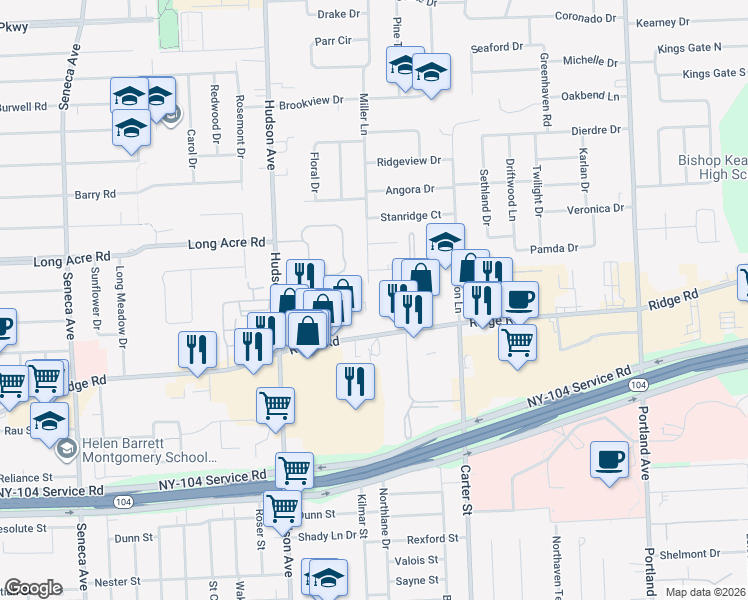 map of restaurants, bars, coffee shops, grocery stores, and more near 90 Miller Lane in Irondequoit
