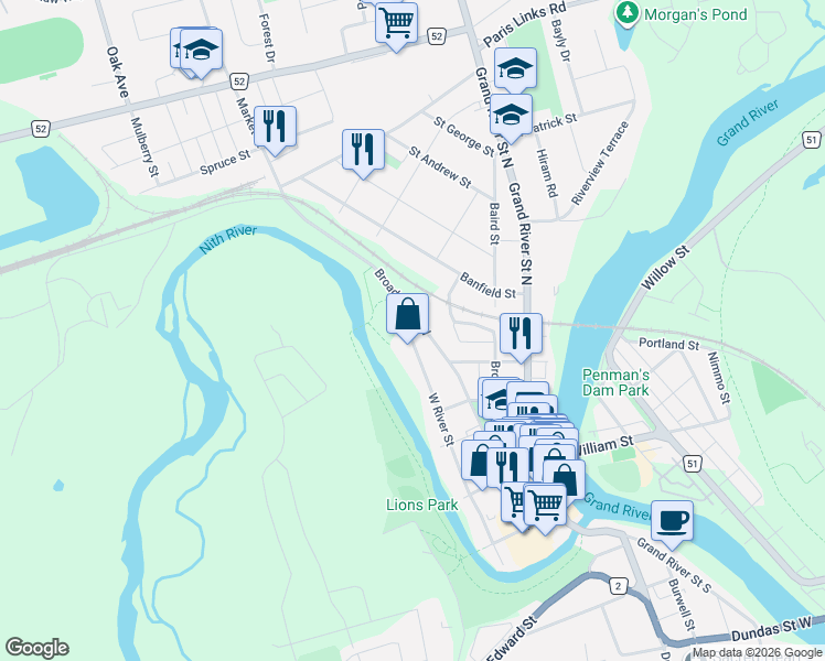 map of restaurants, bars, coffee shops, grocery stores, and more near 107 West River Street in Brant