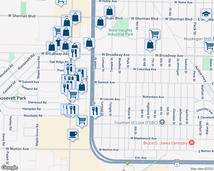 map of restaurants, bars, coffee shops, grocery stores, and more near 525 West Summit Avenue in Muskegon Heights