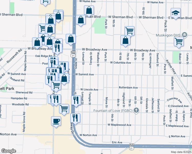 map of restaurants, bars, coffee shops, grocery stores, and more near 3005 Waalkes Street in Muskegon Heights