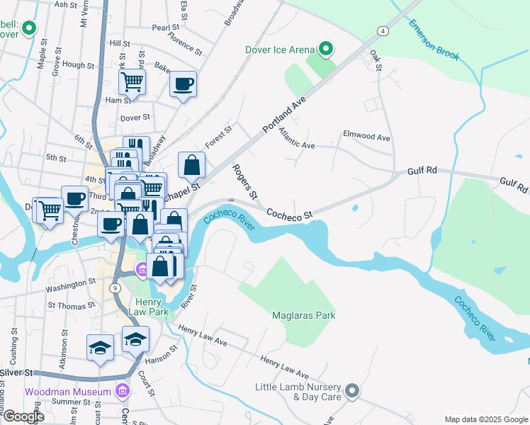 map of restaurants, bars, coffee shops, grocery stores, and more near 71 Cocheco Street in Dover