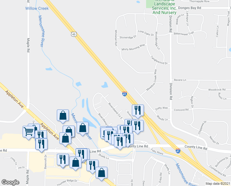 map of restaurants, bars, coffee shops, grocery stores, and more near W178 N9912 Rivercrest Drive in Germantown