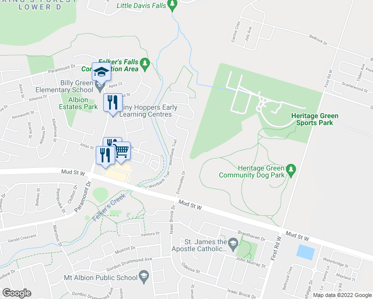 map of restaurants, bars, coffee shops, grocery stores, and more near 116 Echovalley Drive in Hamilton