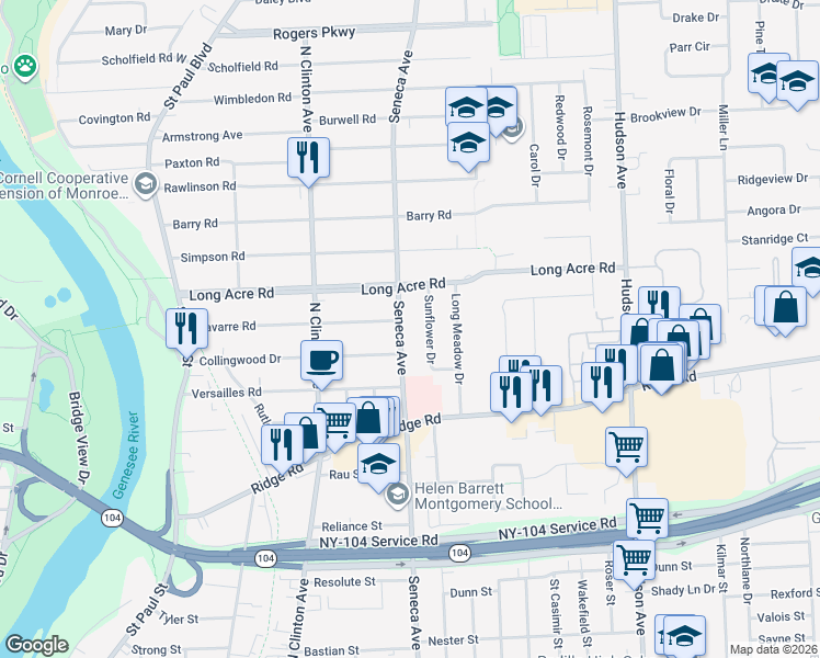 map of restaurants, bars, coffee shops, grocery stores, and more near 85 Sunflower Drive in Rochester