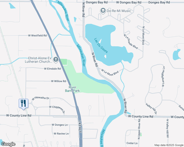 map of restaurants, bars, coffee shops, grocery stores, and more near 9917 North River Road in Mequon