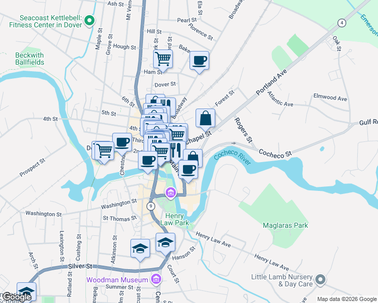 map of restaurants, bars, coffee shops, grocery stores, and more near 7 Saint John Street in Dover