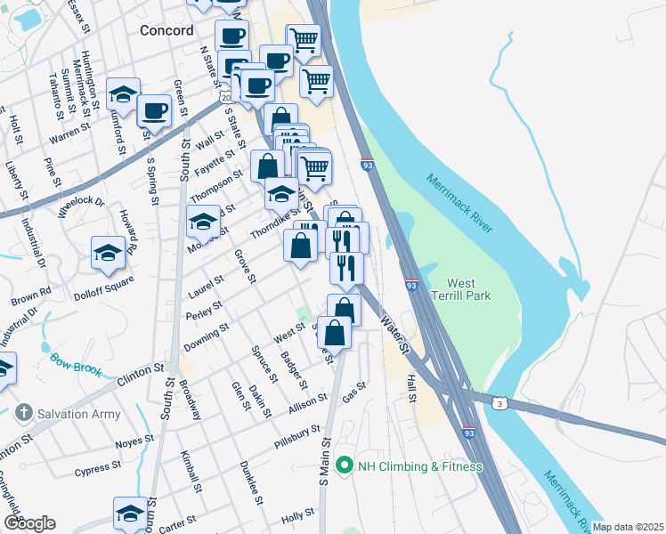 map of restaurants, bars, coffee shops, grocery stores, and more near 74-76 South Main Street in Concord