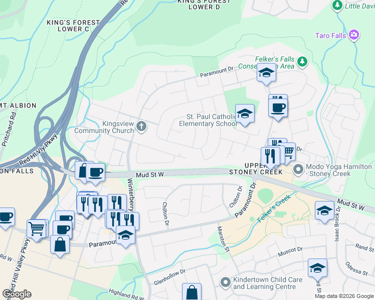 map of restaurants, bars, coffee shops, grocery stores, and more near 206 Athenia Drive in Hamilton