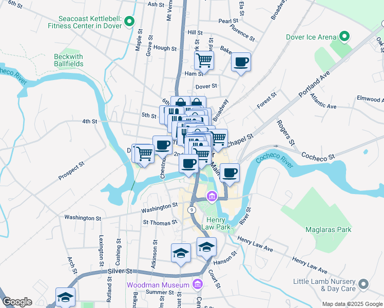 map of restaurants, bars, coffee shops, grocery stores, and more near 20a Third Street in Dover