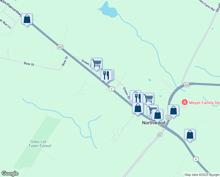 map of restaurants, bars, coffee shops, grocery stores, and more near 258 1st New Hampshire Turnpike in Northwood