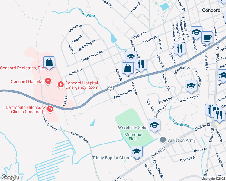 map of restaurants, bars, coffee shops, grocery stores, and more near 2 Kensington Road in Concord