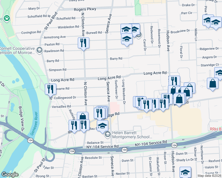 map of restaurants, bars, coffee shops, grocery stores, and more near 85 Sunflower Drive in Rochester