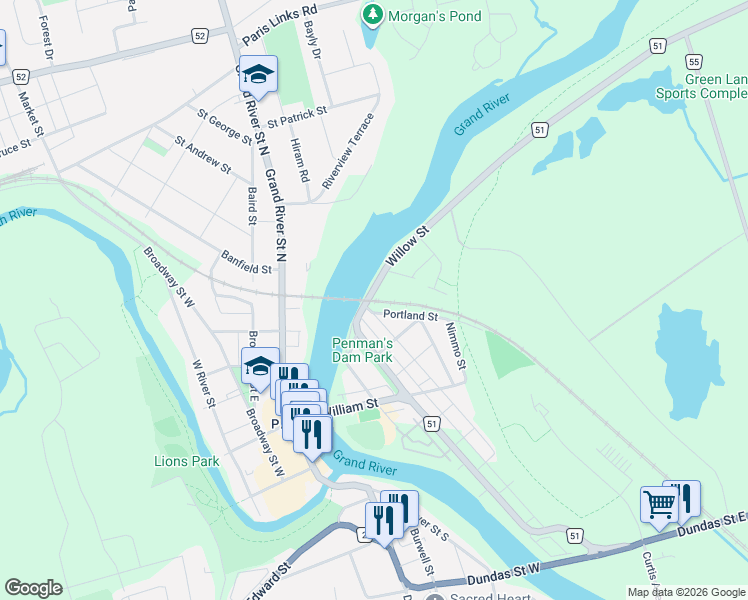 map of restaurants, bars, coffee shops, grocery stores, and more near 121 County Road 51 in Brant