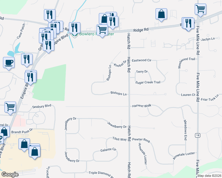 map of restaurants, bars, coffee shops, grocery stores, and more near 714 Bishops Lane in Webster