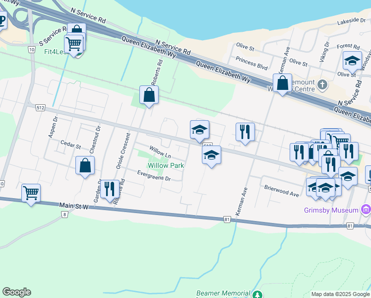 map of restaurants, bars, coffee shops, grocery stores, and more near 14 Hemlock Way in Grimsby