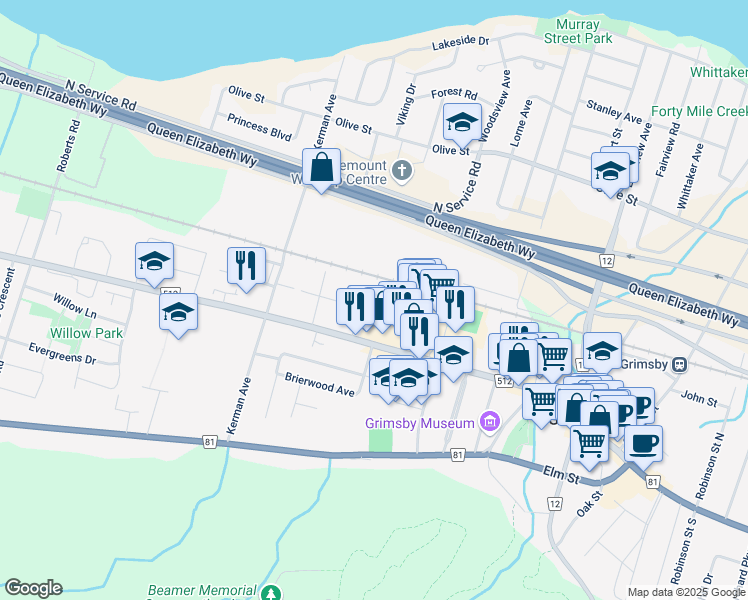 map of restaurants, bars, coffee shops, grocery stores, and more near 3 Slessor Boulevard in Grimsby