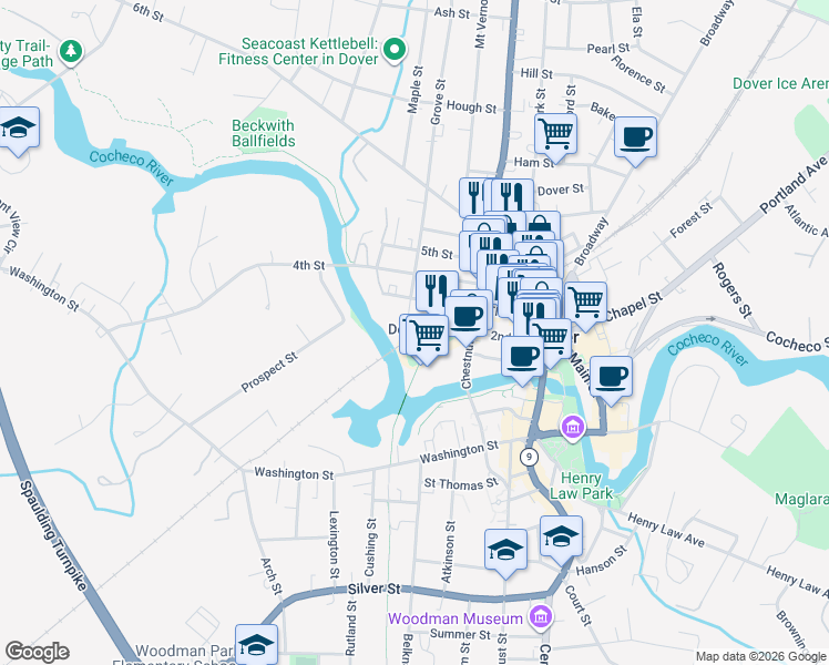 map of restaurants, bars, coffee shops, grocery stores, and more near 4 Grove Street in Dover