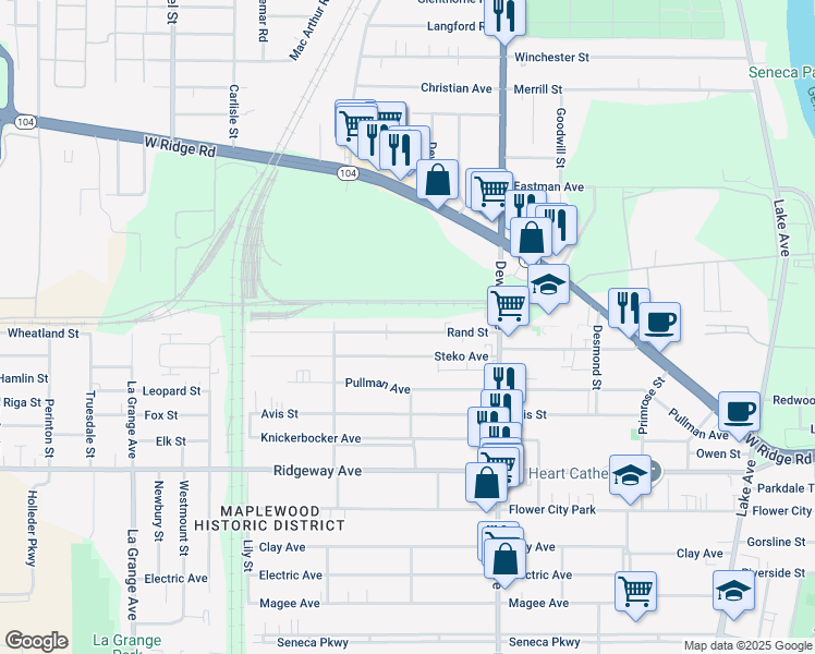 map of restaurants, bars, coffee shops, grocery stores, and more near 122 Rand Street in Rochester