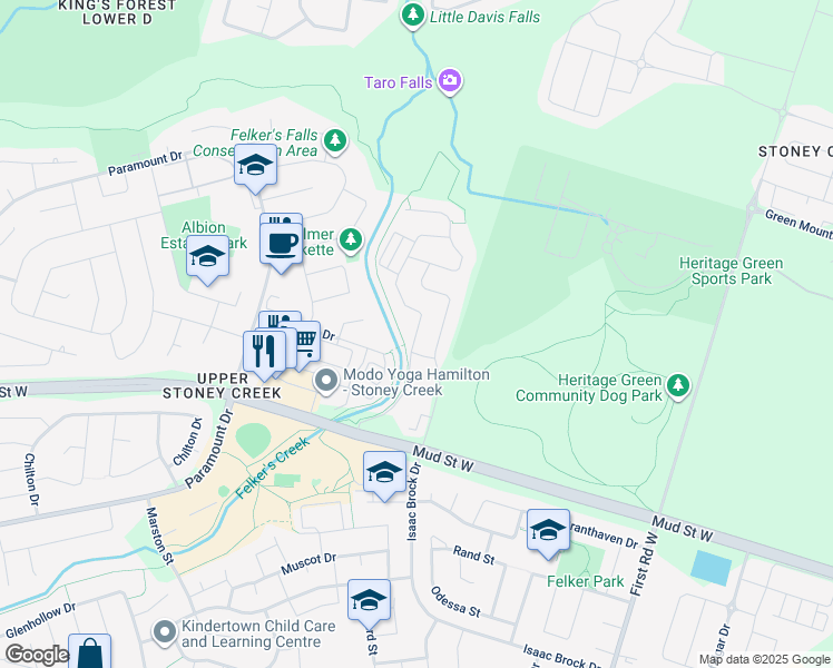map of restaurants, bars, coffee shops, grocery stores, and more near Westbank Trail in Hamilton