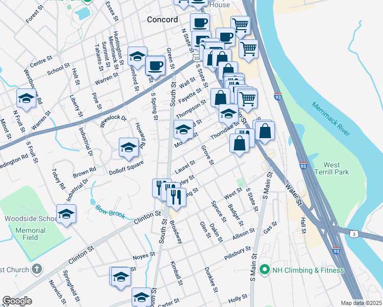 map of restaurants, bars, coffee shops, grocery stores, and more near 40 Thorndike Street in Concord