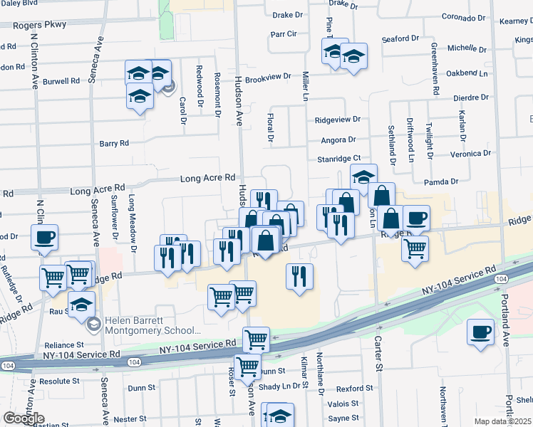 map of restaurants, bars, coffee shops, grocery stores, and more near 1732 Hudson Avenue in Rochester