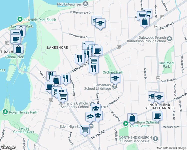 map of restaurants, bars, coffee shops, grocery stores, and more near in St. Catharines