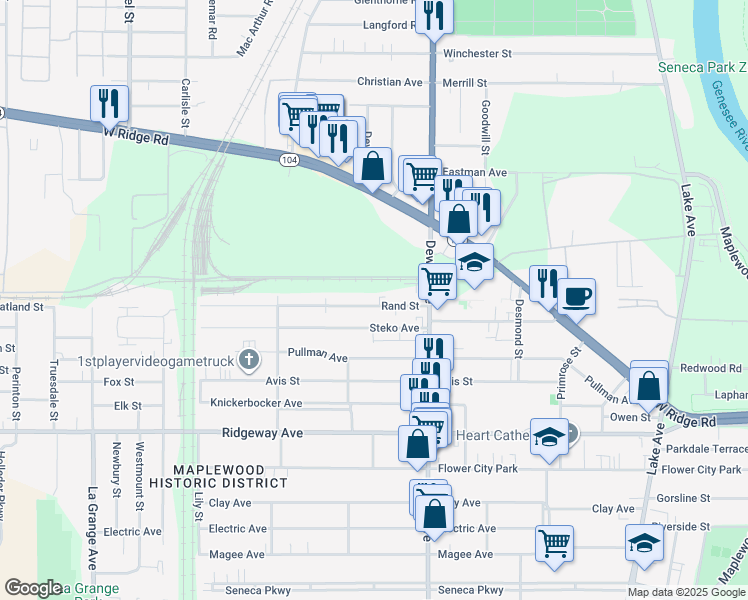 map of restaurants, bars, coffee shops, grocery stores, and more near 80 Rand Street in Rochester