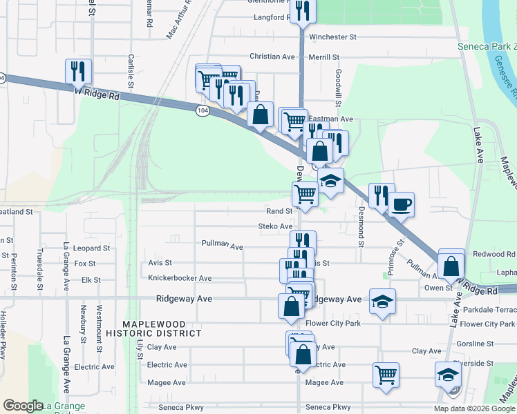 map of restaurants, bars, coffee shops, grocery stores, and more near 84 Rand Street in Rochester