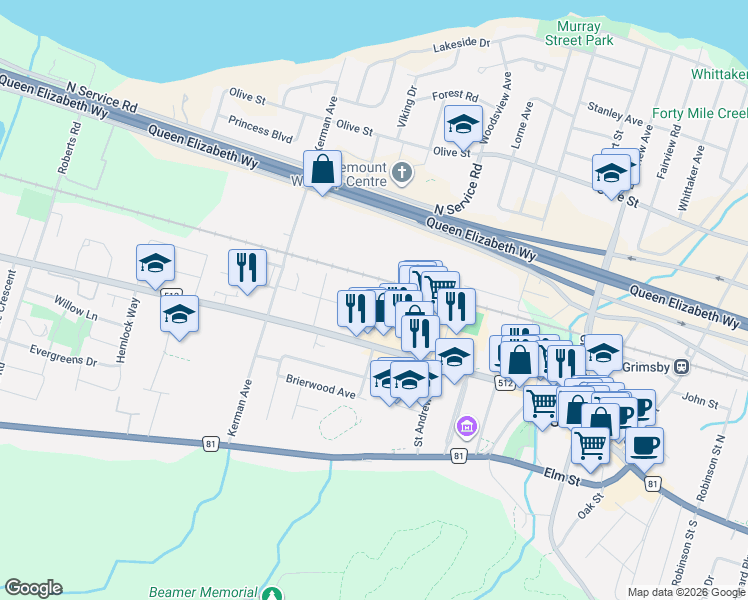 map of restaurants, bars, coffee shops, grocery stores, and more near 1 Slessor Boulevard in Grimsby