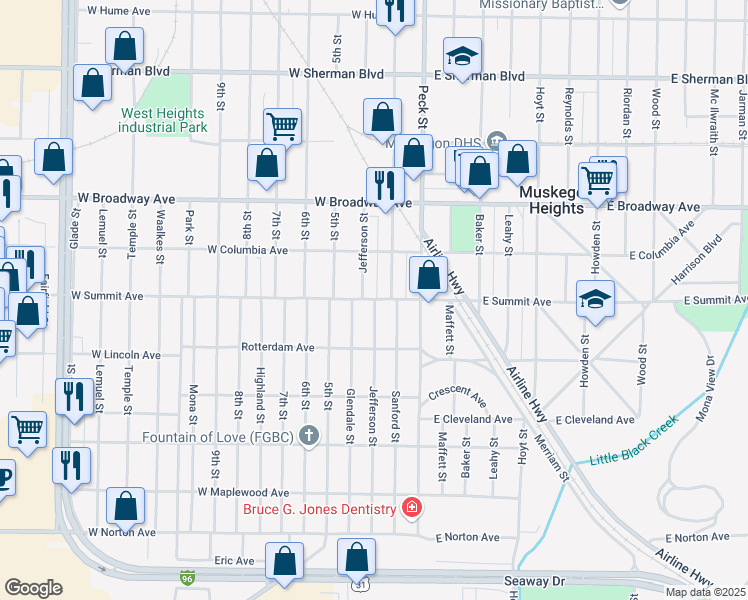 map of restaurants, bars, coffee shops, grocery stores, and more near 3001 Jefferson Street in Muskegon Heights