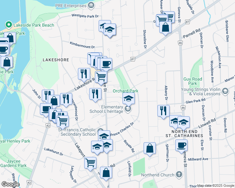 map of restaurants, bars, coffee shops, grocery stores, and more near 25 Prince Paul Crescent in St. Catharines