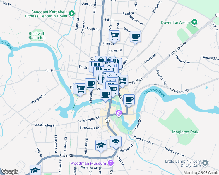 map of restaurants, bars, coffee shops, grocery stores, and more near 20a Third Street in Dover