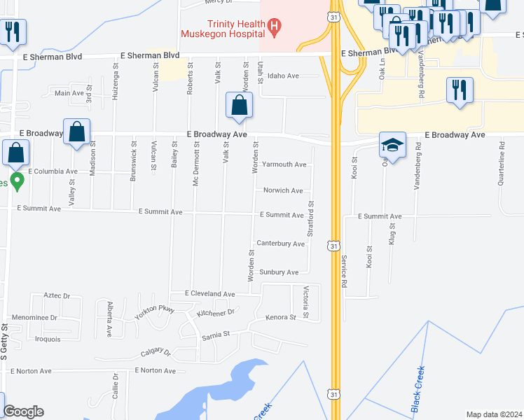 map of restaurants, bars, coffee shops, grocery stores, and more near 1422 East Summit Avenue in Norton Shores