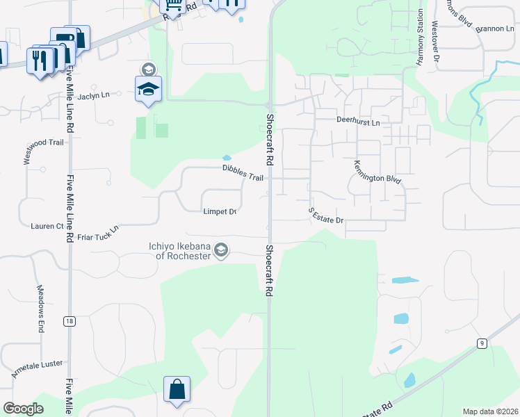 map of restaurants, bars, coffee shops, grocery stores, and more near 1137 Shoecraft Road in Webster