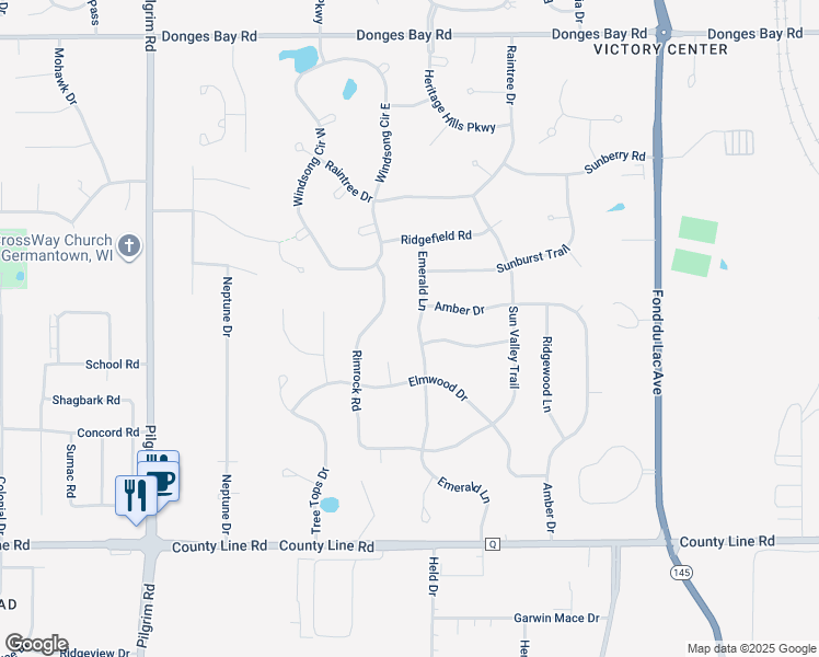 map of restaurants, bars, coffee shops, grocery stores, and more near W147N9941 Emerald Lane in Germantown