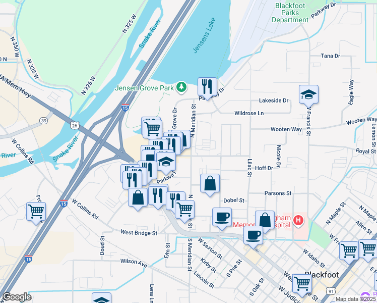 map of restaurants, bars, coffee shops, grocery stores, and more near 522-562 North Meridian Street in Blackfoot