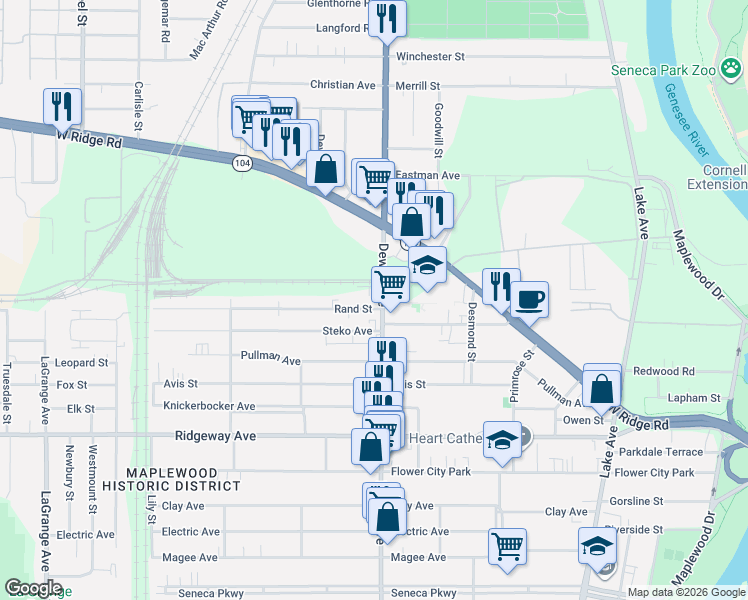 map of restaurants, bars, coffee shops, grocery stores, and more near 1689 Dewey Avenue in Rochester