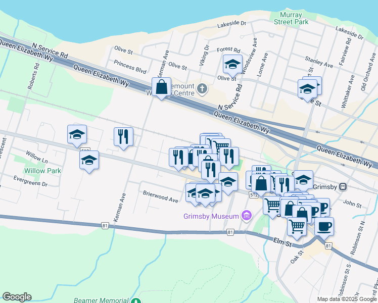 map of restaurants, bars, coffee shops, grocery stores, and more near 3 Slessor Boulevard in Grimsby