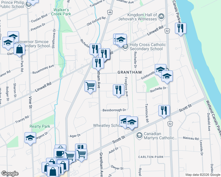 map of restaurants, bars, coffee shops, grocery stores, and more near 11 Grosvenor Street in St. Catharines