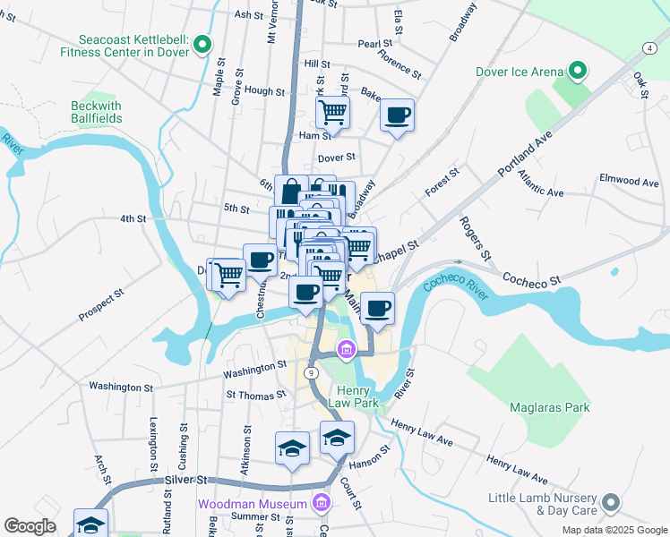 map of restaurants, bars, coffee shops, grocery stores, and more near in Dover