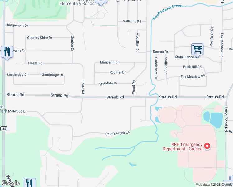 map of restaurants, bars, coffee shops, grocery stores, and more near 126 Mendota Drive in Rochester