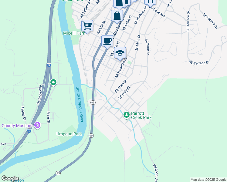 map of restaurants, bars, coffee shops, grocery stores, and more near 1780 Southeast Main Street in Roseburg