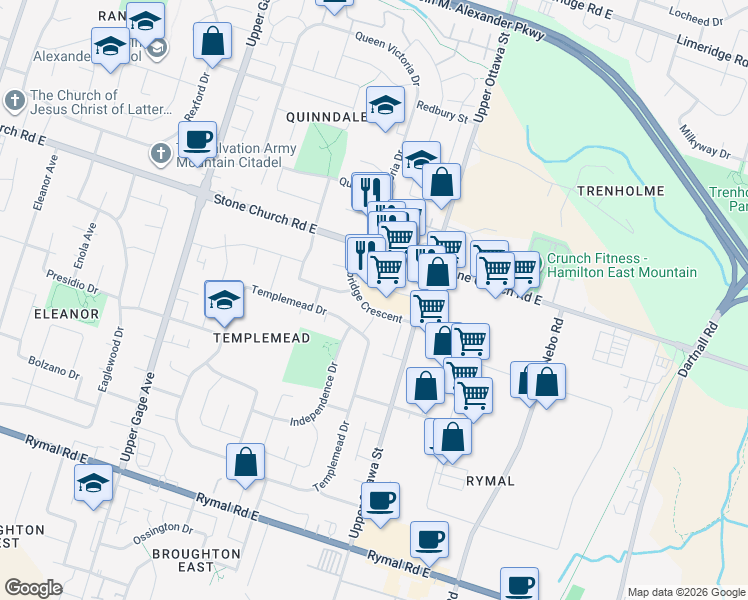 map of restaurants, bars, coffee shops, grocery stores, and more near 32 Stone Church Road East in Hamilton