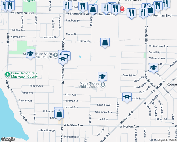 map of restaurants, bars, coffee shops, grocery stores, and more near 1819 Bonneville Drive in Norton Shores
