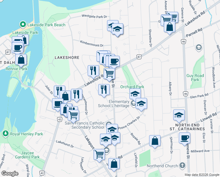 map of restaurants, bars, coffee shops, grocery stores, and more near 575 Lake Street in St. Catharines