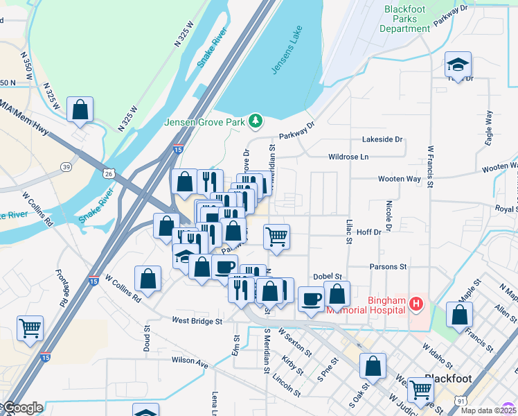 map of restaurants, bars, coffee shops, grocery stores, and more near 522 North Meridian Street in Blackfoot