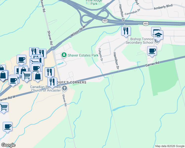 map of restaurants, bars, coffee shops, grocery stores, and more near 515 Garner Road West in Hamilton