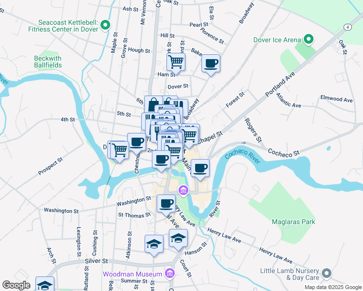 map of restaurants, bars, coffee shops, grocery stores, and more near in Dover