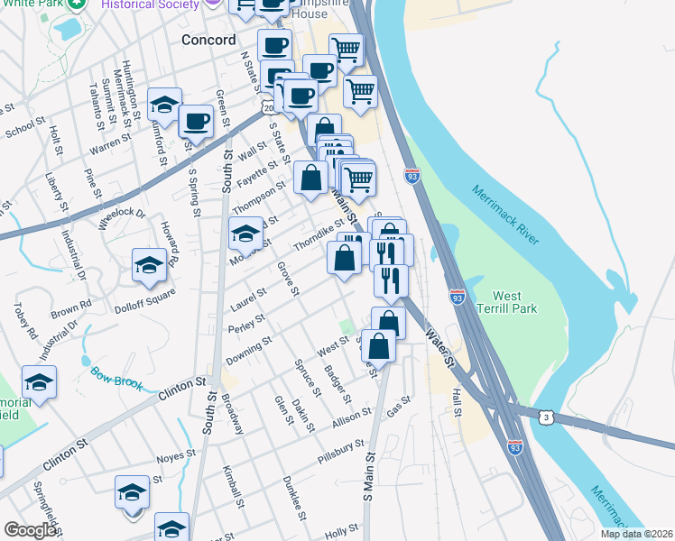 map of restaurants, bars, coffee shops, grocery stores, and more near 12 Perley Street in Concord