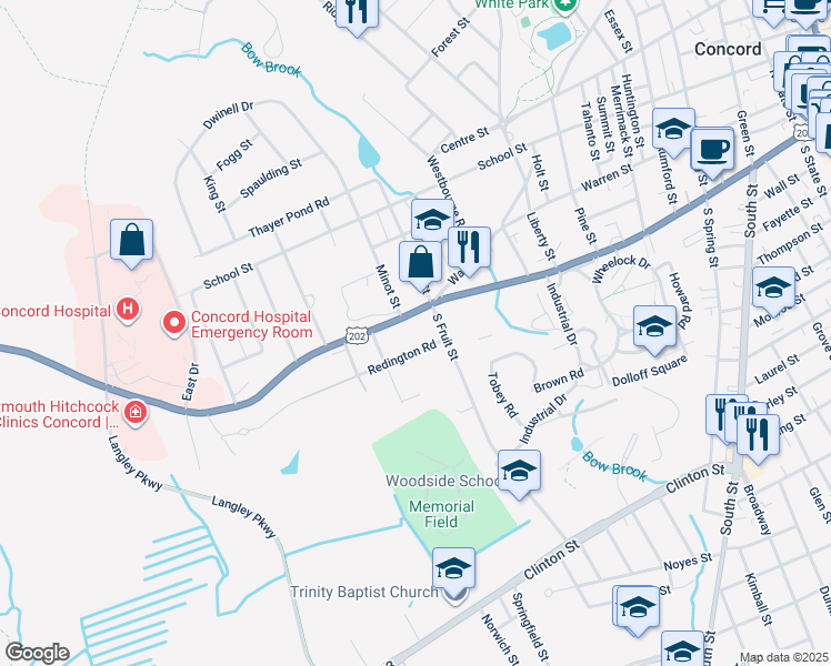 map of restaurants, bars, coffee shops, grocery stores, and more near 10 South Fruit Street in Concord